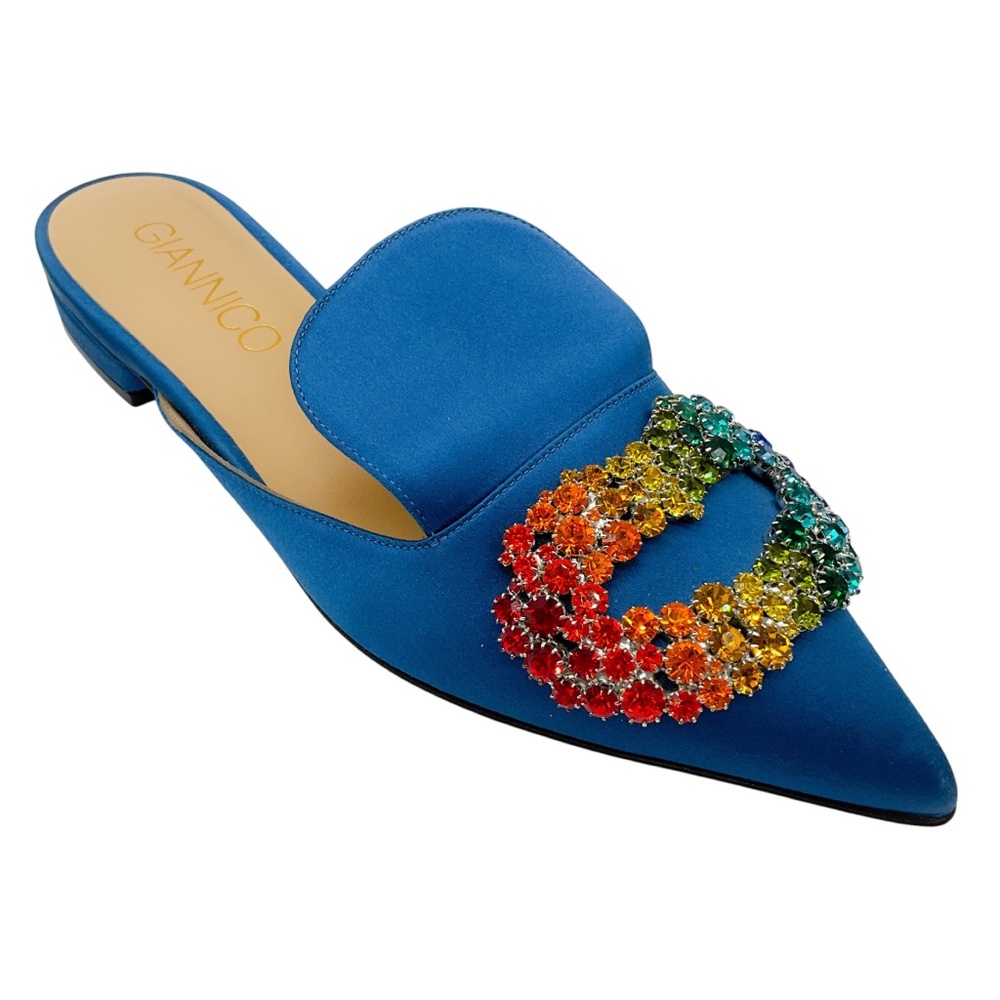 GIANNICO BLUE CRYSTAL EMBELLISHED SATIN MULES
